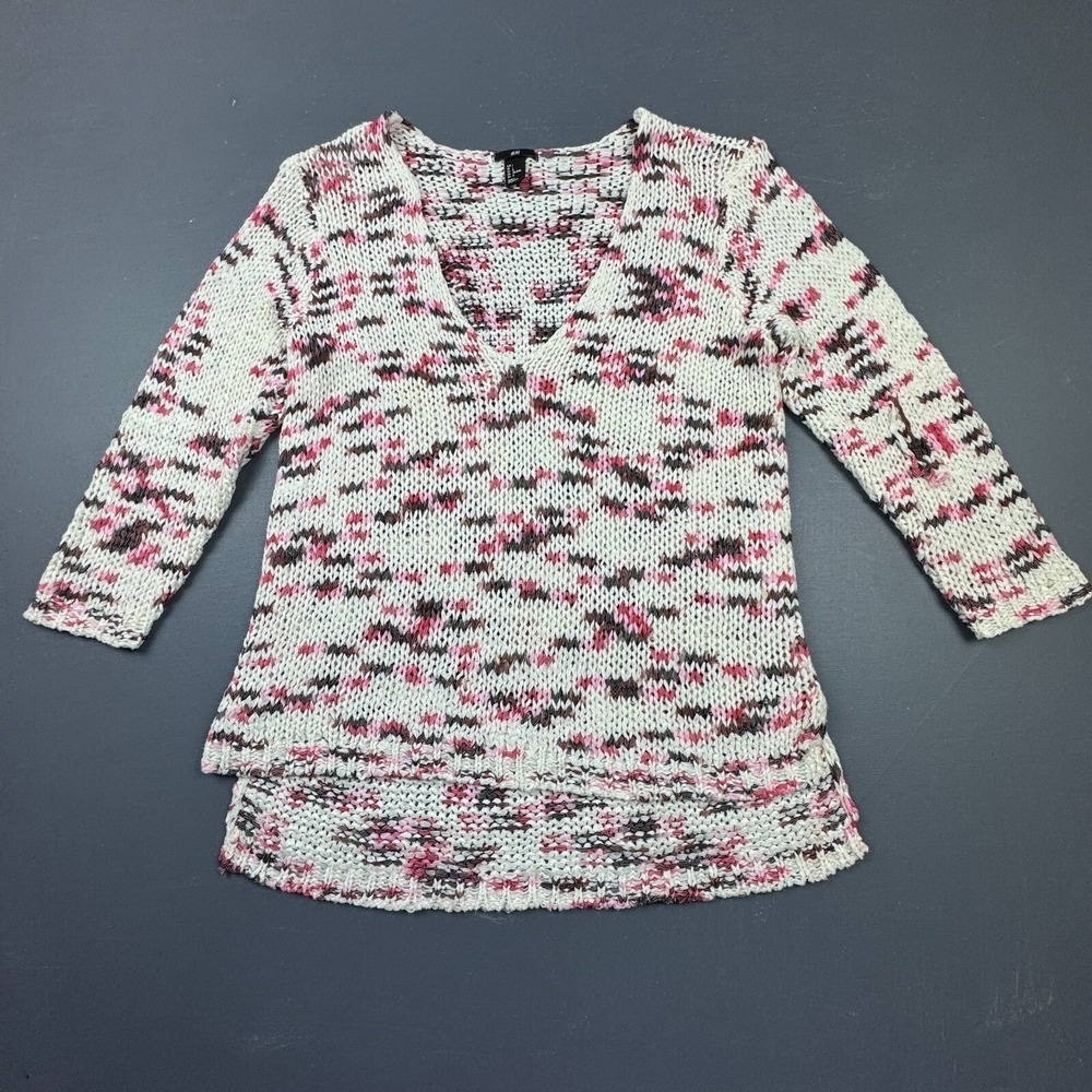 H&M Women's Large White Pink Multicolor Knit V-Neck Long Sleeve Sweater Pullover
